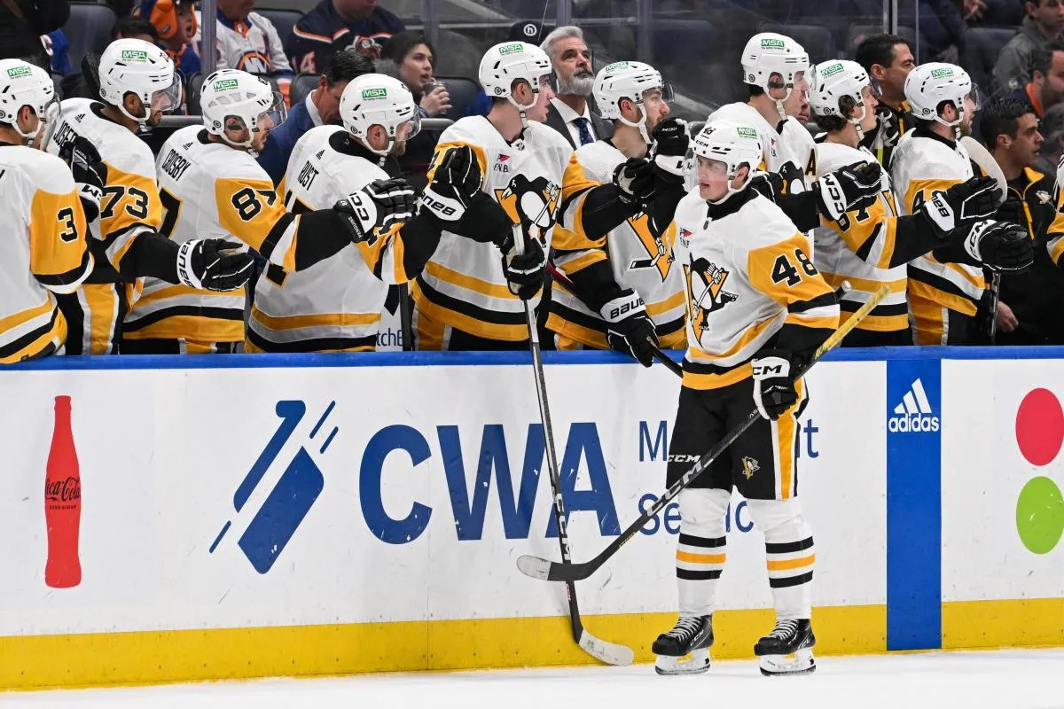 Pittsburgh Penguins right wing Valtteri Puustinen (48) celebrates his goal against the New York Islanders during the second period at UBS Arena.