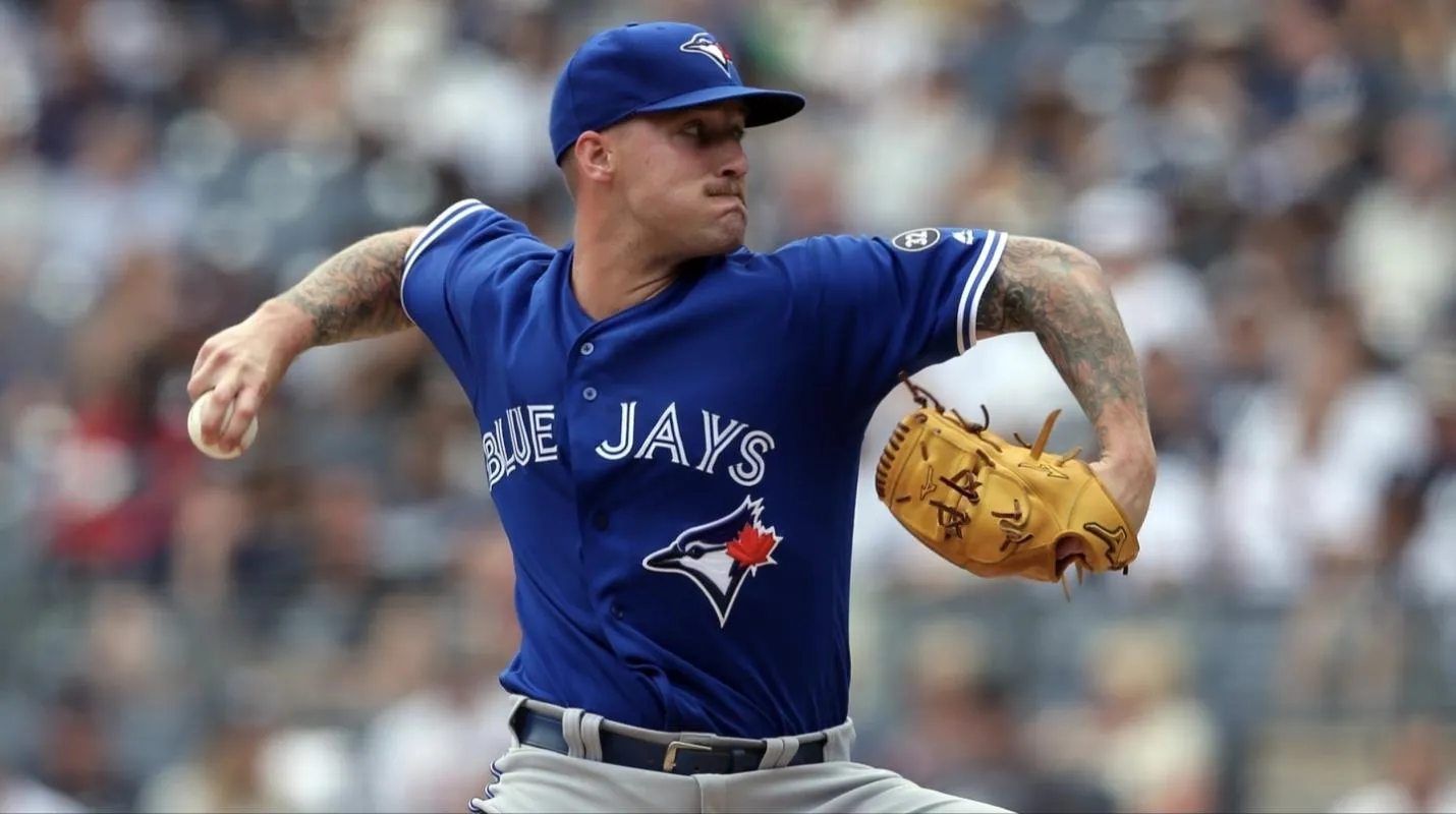 Toronto Blue Jays starting pitcher Sean Reid-Foley (54) pitches against the New York Yankees during the first inning at Yankee Stadium.