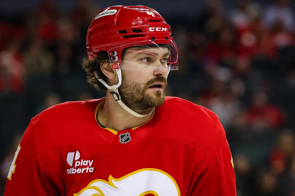 Calgary Flames defenseman Rasmus Andersson (4) against the New York Islanders during the third period at Scotiabank Saddledome.