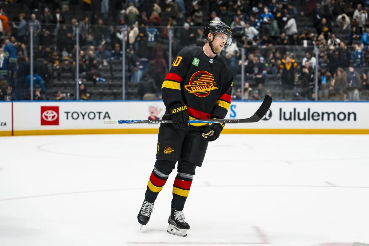 Vancouver Canucks forward Elias Pettersson (40) reacts after the game against the New York Islanders at Rogers Arena.
