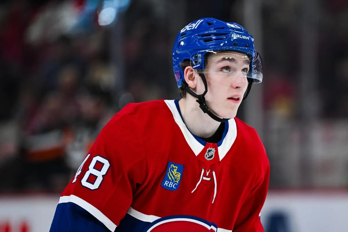 Montreal Canadiens defenseman Lane Hutson (48) looks up at the scoreboard against the Detroit Red Wings during the second period at Bell Centre.