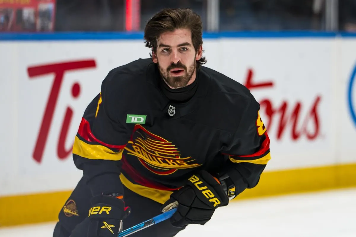 Vancouver Canucks forward Conor Garland (8) warms up before the game against the New York Islanders at Rogers Arena.