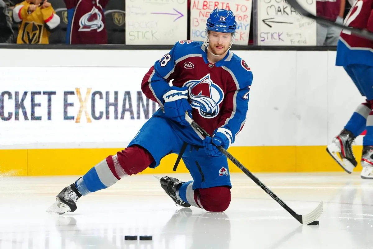 Colorado Avalanche defenseman Ilya Solovyov (28) warms up before a game against the Vegas Golden Knights at T-Mobile Arena.