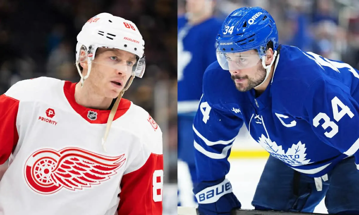 Detroit Red Wings right wing Patrick Kane (88) celebrates after scoring in the second period against the Toronto Maple Leafs at Little Caesars Arena