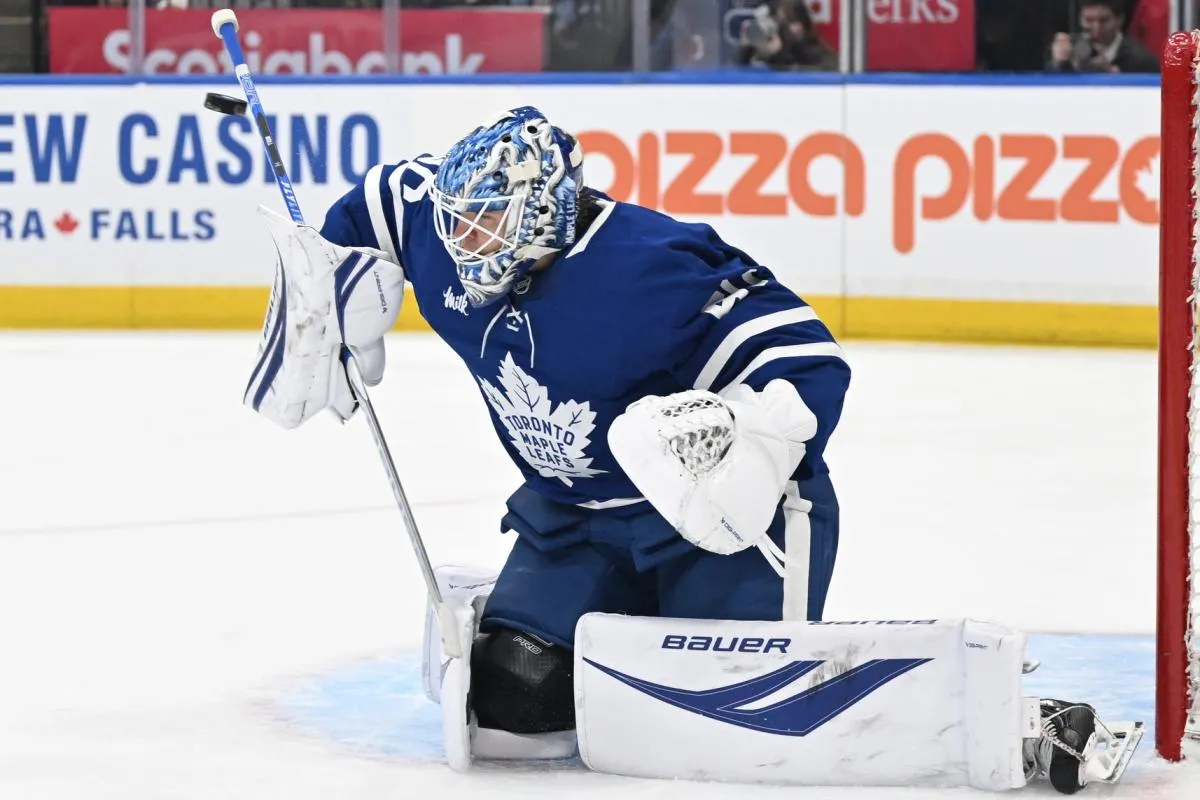 Toronto Maple Leafs goalie Joseph Woll (60) makes a save against the Detroit Red Wings in the second period at Scotiabank Arena.