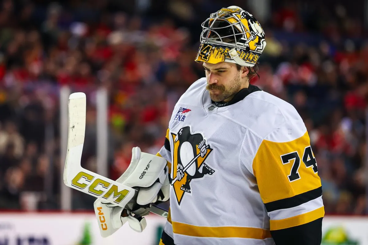 Pittsburgh Penguins goaltender Stuart Skinner (74) during the second period against the Calgary Flames at Scotiabank Saddledome.
