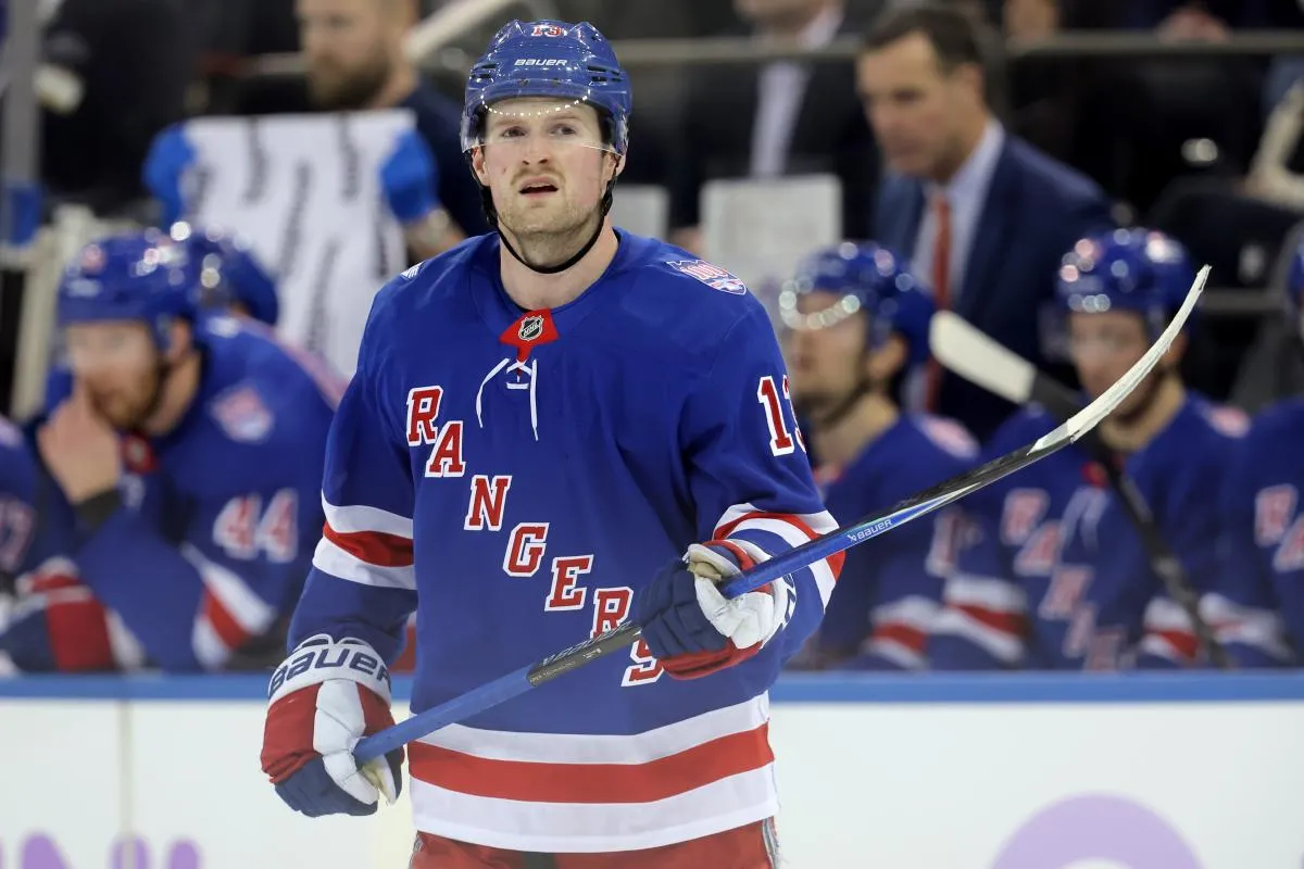 New York Rangers left wing Alexis Lafreniere (13) skates against the Utah Mammoth during the second period at Madison Square Garden.