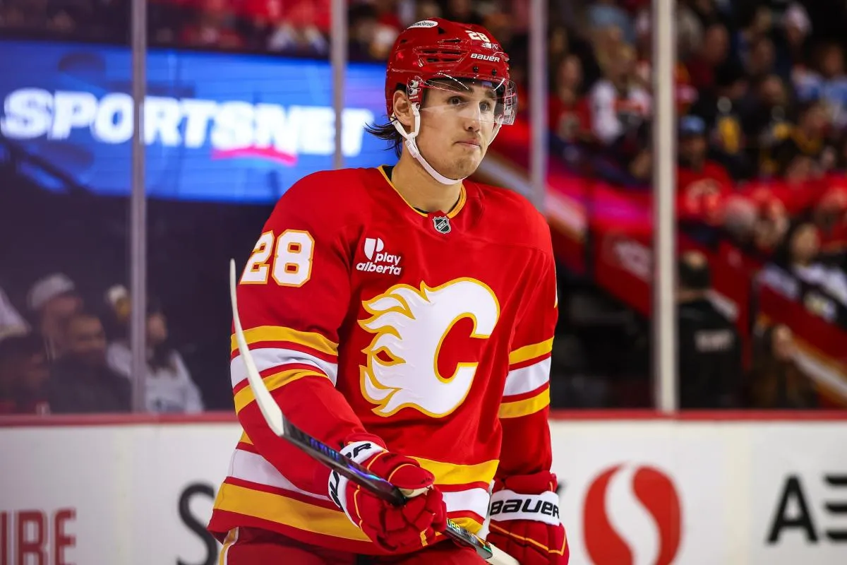 Calgary Flames defenseman Zach Whitecloud (28) during the third period against the Pittsburgh Penguins at Scotiabank Saddledome.