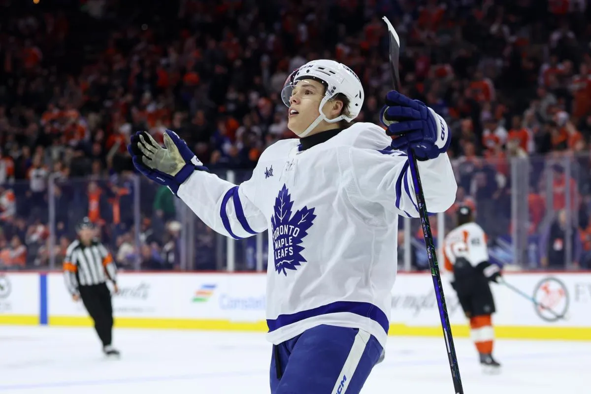 Toronto Maple Leafs right wing Easton Cowan (53) reacts after scoring the game winning goal against the Philadelphia Flyers during overtime at Xfinity Mobile Arena.
