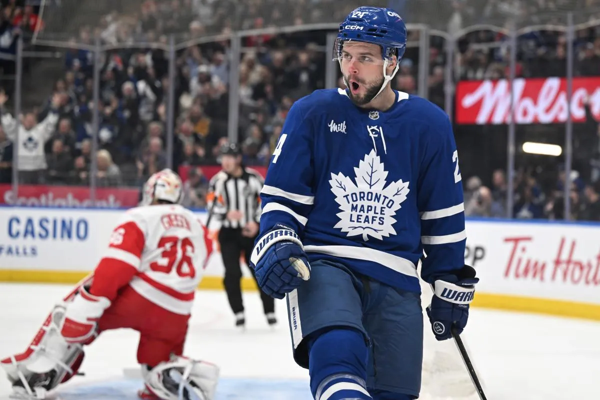 Toronto Maple Leafs forward Scott Laughton (24) celebrates after scoring a goal against Detroit Red Wings goalie John Gibson (36) in the first period at Scotiabank Arena.