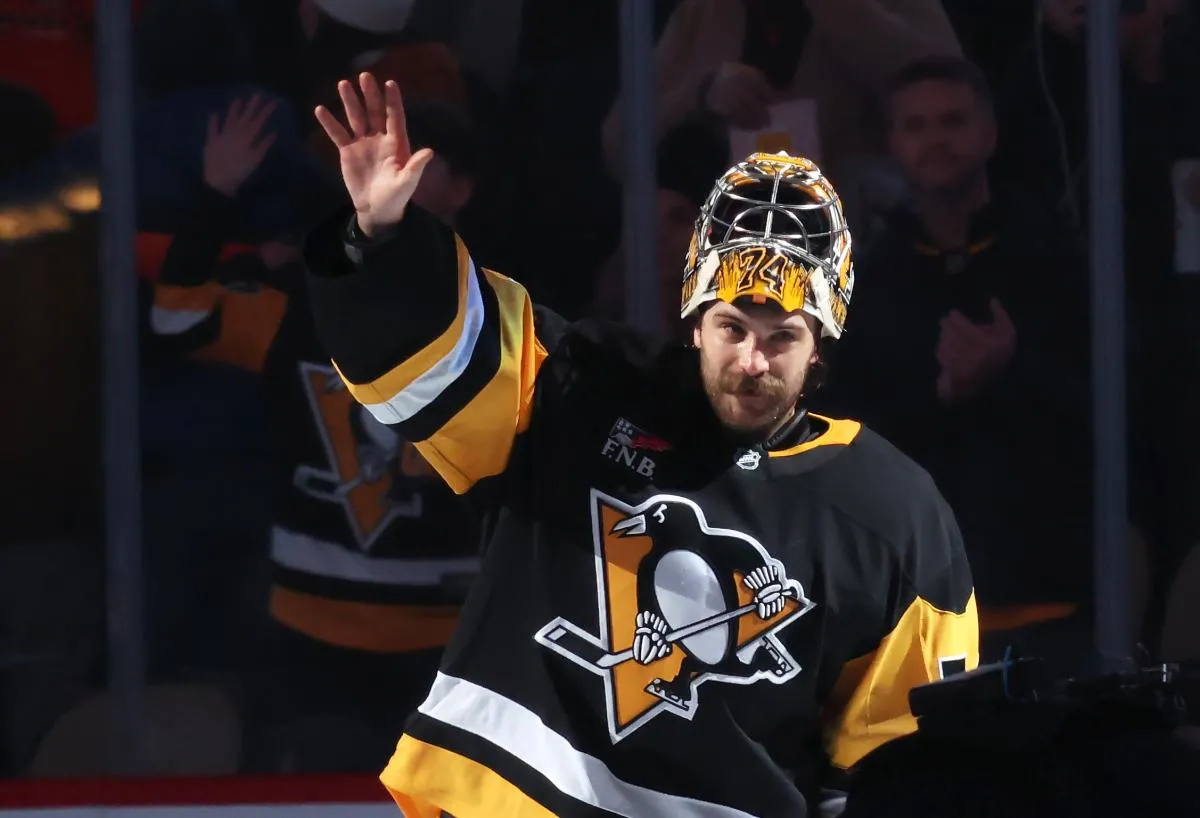 Pittsburgh Penguins goaltender Stuart Skinner (74) reacts to being named first star of the game against the Carolina Hurricanes at PPG Paints Arena.
