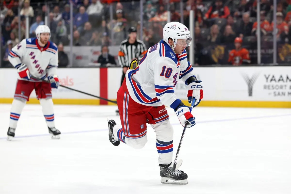 New York Rangers left wing Artemi Panarin (10) shoots the puck during the third period against the Anaheim Ducks at Honda Center.