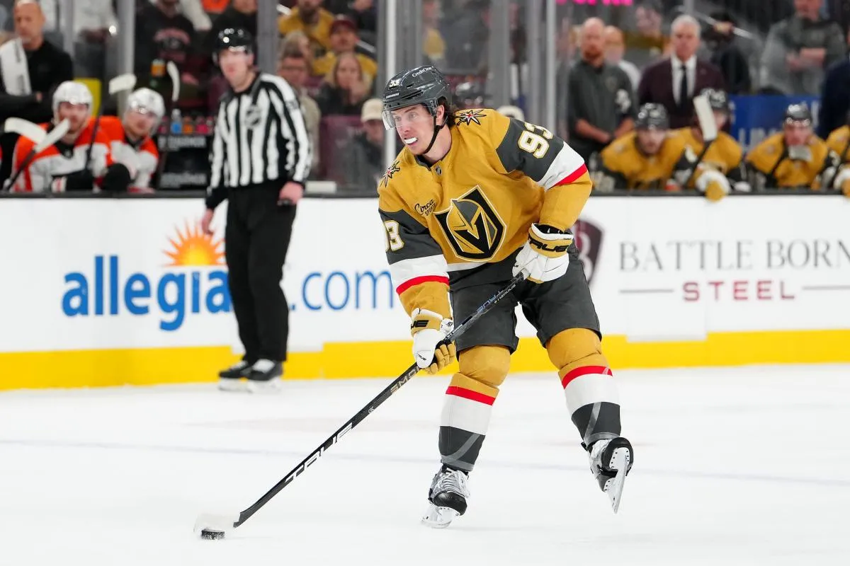 Vegas Golden Knights right wing Mitch Marner (93) skates against the Philadelphia Flylers during the first period at T-Mobile Arena.