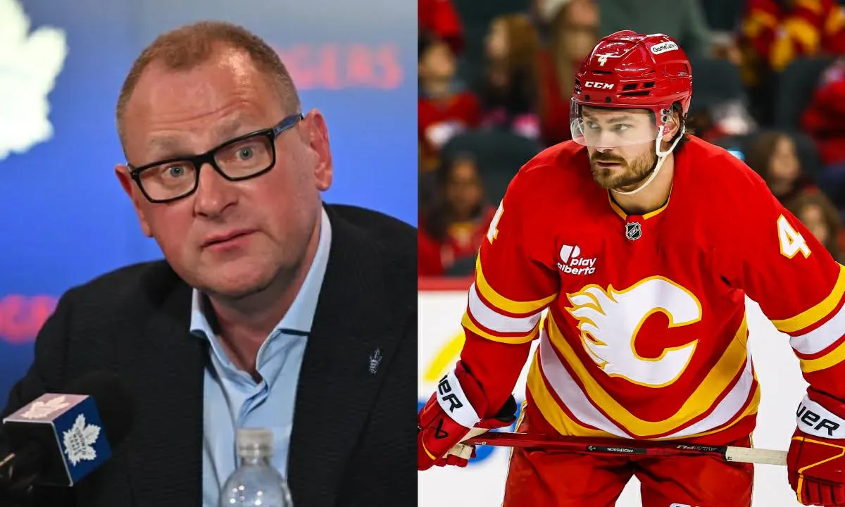 Toronto Maple Leafs new general manager Brad Treliving is introduced at a press conference at Scotiabank Arena (left). Rasmus Andersson with the Calgary Flames (right)