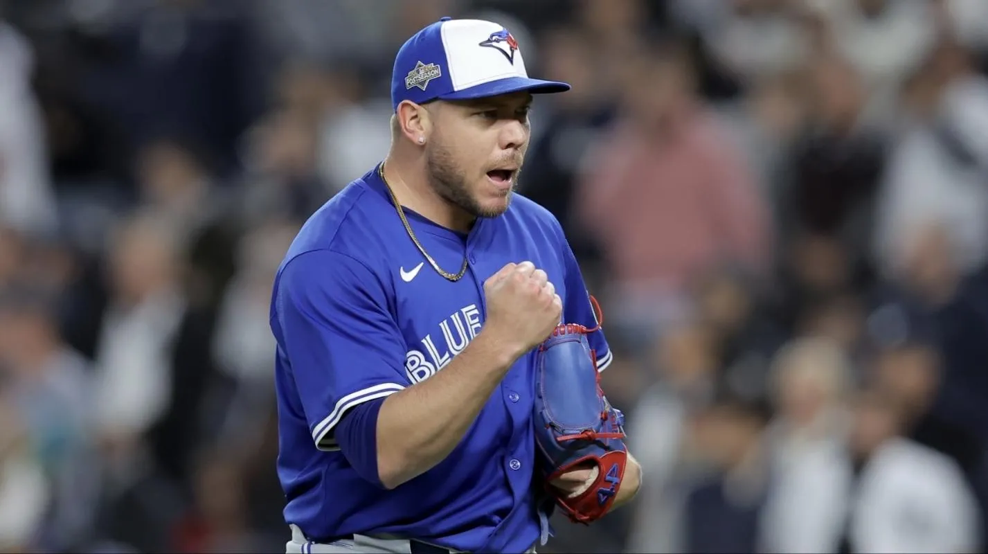 Toronto Blue Jays pitcher Yariel Rodriguez (29) reacts after getting the final out of the sixth inning of game four of the ALDS round of the 2025 MLB playoffs against the New York Yankees at Yankee Stadium.