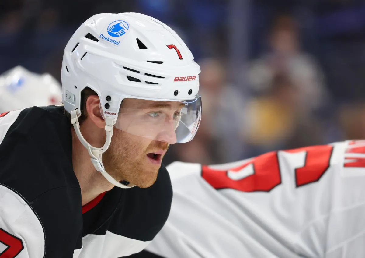 New Jersey Devils defenseman Dougie Hamilton (7) waits for the face-off during the second period against the Buffalo Sabres at KeyBank Center