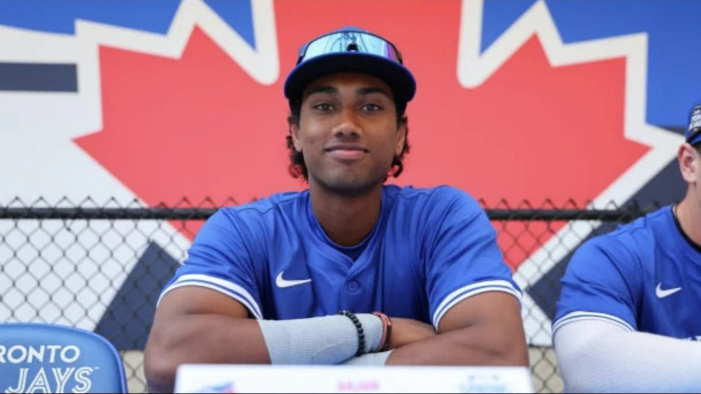 March 15, 2025 Dunedin Florida, USA: Arjun Nimmala of the Toronto Blue Jays poses for a photo prior to the game against the Minnesota Twins at TD Ballpark.