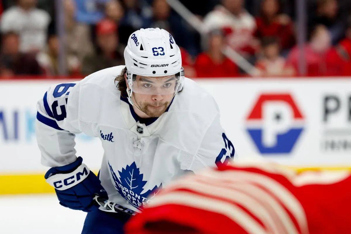Toronto Maple Leafs left wing Matias MacCelli (63) gets set during a face off in the first period against the Detroit Red Wings at Little Caesars Arena.