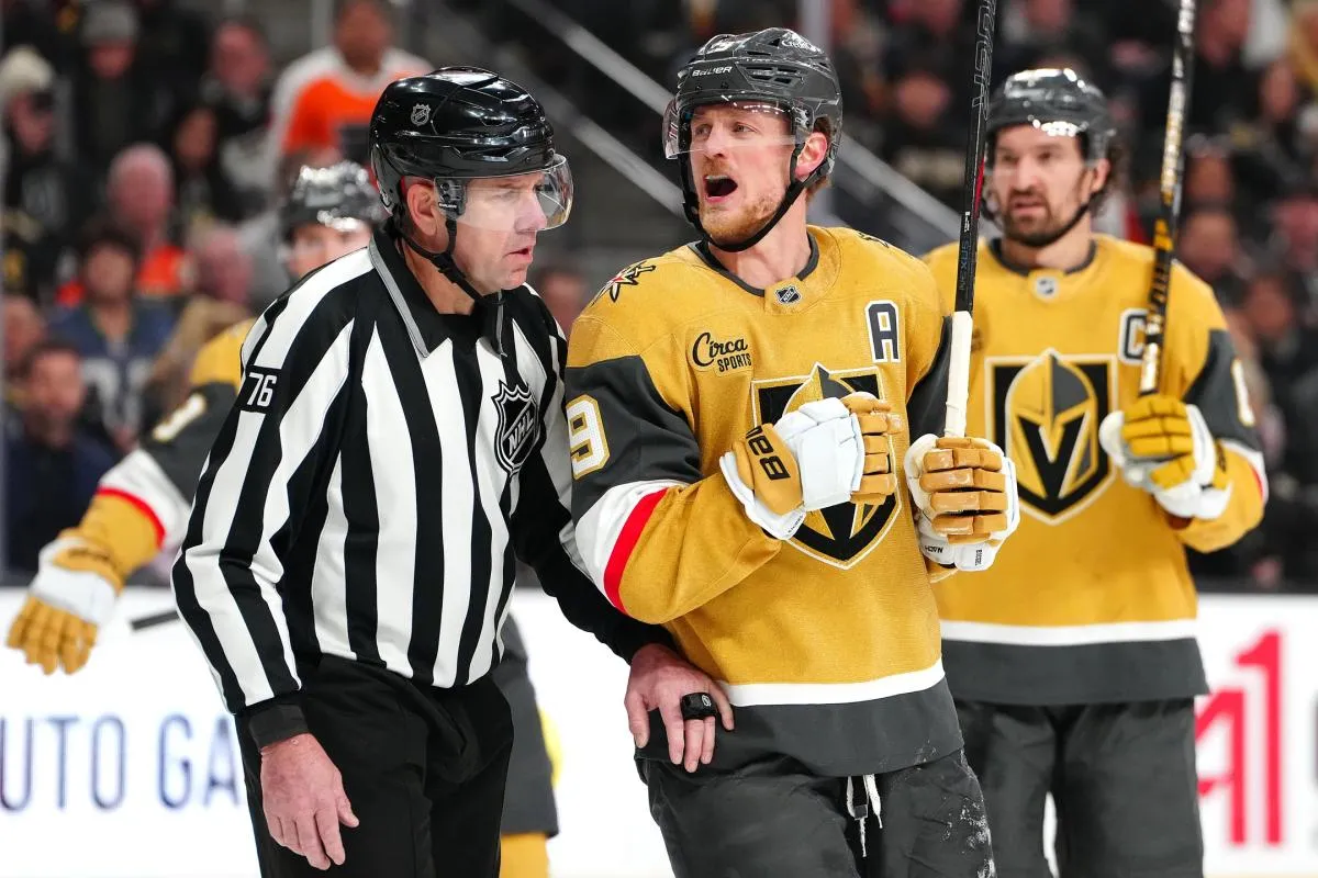 Vegas Golden Knights center Jack Eichel (9) shouts towards Philadelphia Flyers defenseman Travis Sanheim (6) during the third period at T-Mobile Arena.