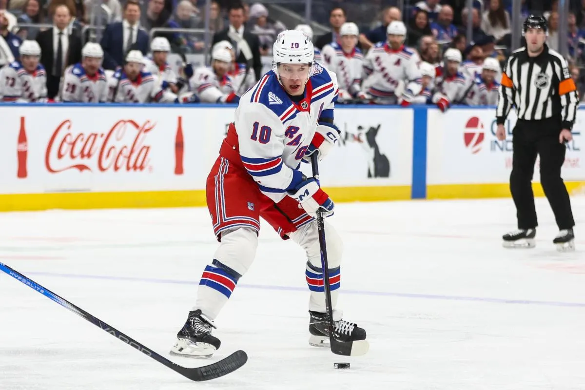 New York Rangers left wing Artemi Panarin (10) controls the puck in the first period against the New York Islanders at UBS Arena.