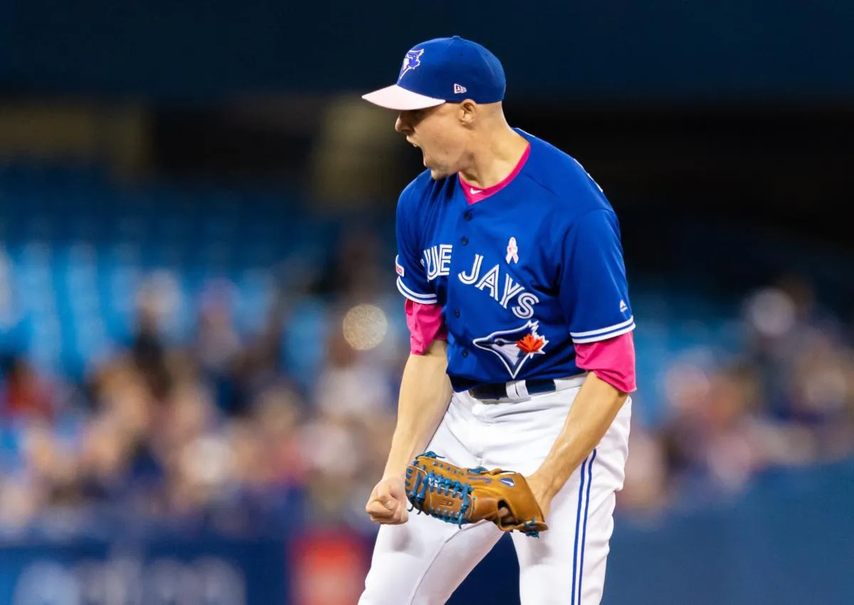 Toronto Blue Jays starting pitcher Aaron Sanchez (41) celebrates after a strike out against the Chicago White Sox to close the second inning at Rogers Centre.