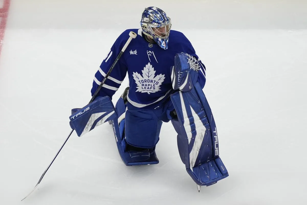Toronto Maple Leafs goaltender Anthony Stolarz (41) during warm up before game seven of the second round of the 2025 Stanley Cup Playoffs against the Florida Panthers at Scotiabank Arena.