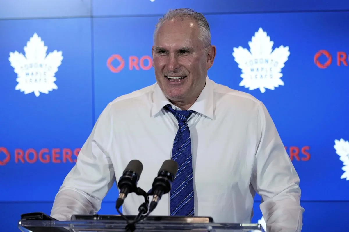 Toronto Maple Leafs head coach Craig Berube smiles during a post game press conference after a win over the Florida Panthers at Scotiabank Arena.