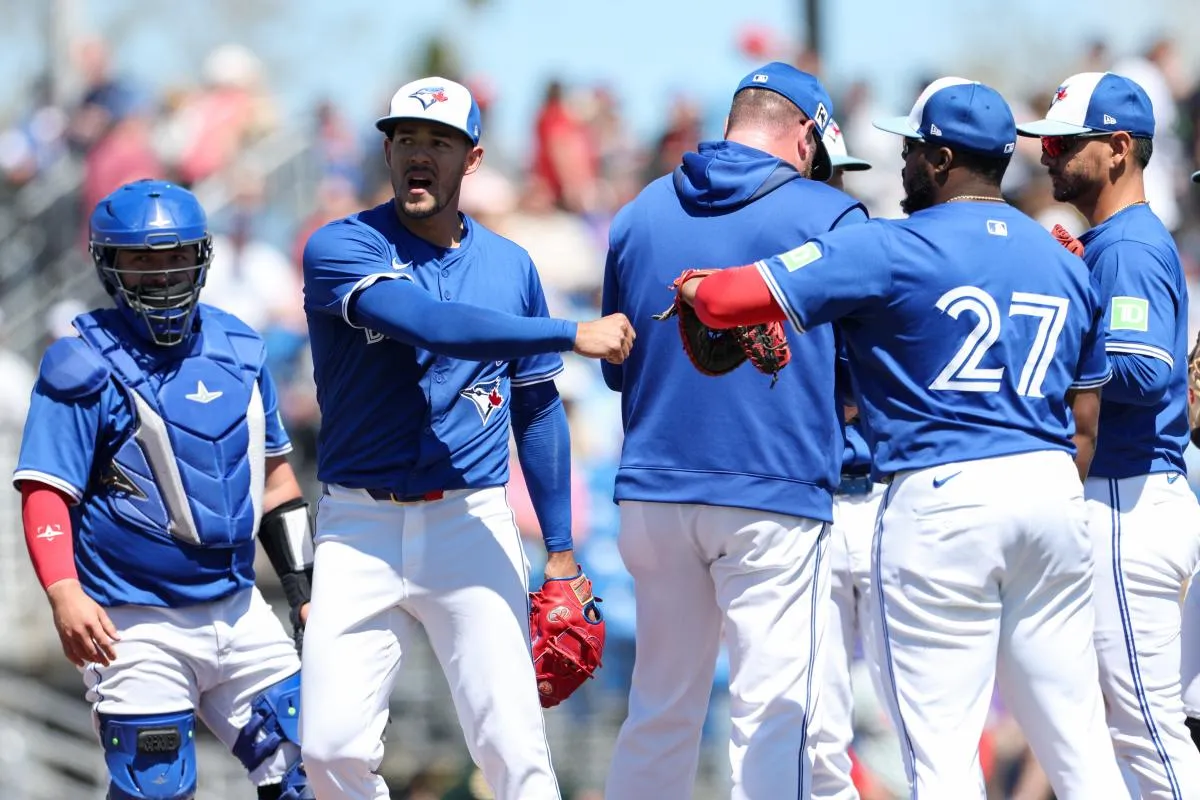 Toronto Blue Jays pitcher Jose Berr&iacute;os (17) leaves the game against the Philadelphia Phillies in the sixth inning during spring training at TD Ballpark