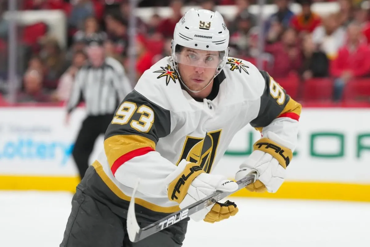 Vegas Golden Knights right wing Mitch Marner (93) skates against the Carolina Hurricanes during the second period at Lenovo Center.
