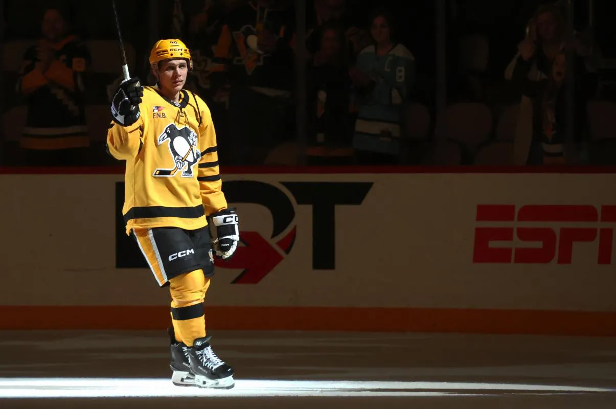 Pittsburgh Penguins center Blake Lizotte (46) reacts after being named a star of the game against the Philadelphia Flyers at PPG Paints Arena.
