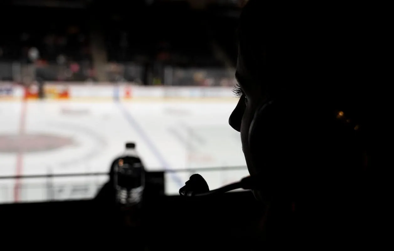 Indy Fuel broadcaster Eva Hullman sits and waits for the game to start Wednesday, Jan. 8, 2025, ahead of the Indy Fuel game against the Wheeling Nailers at the Fishers Event Center in Fishers.