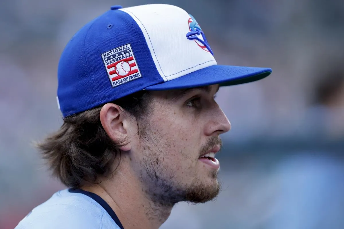 Toronto Blue Jays third baseman Addison Barger (47) in the dugout with a National Baseball Hall of Fame patch on his hat in the first inning against the Detroit Tigers at Comerica Park.