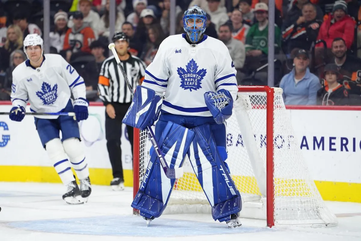 Toronto Maple Leafs goalie Anthony Stolarz (41) in action against the Philadelphia Flyers in the second period at Xfinity Mobile Arena.