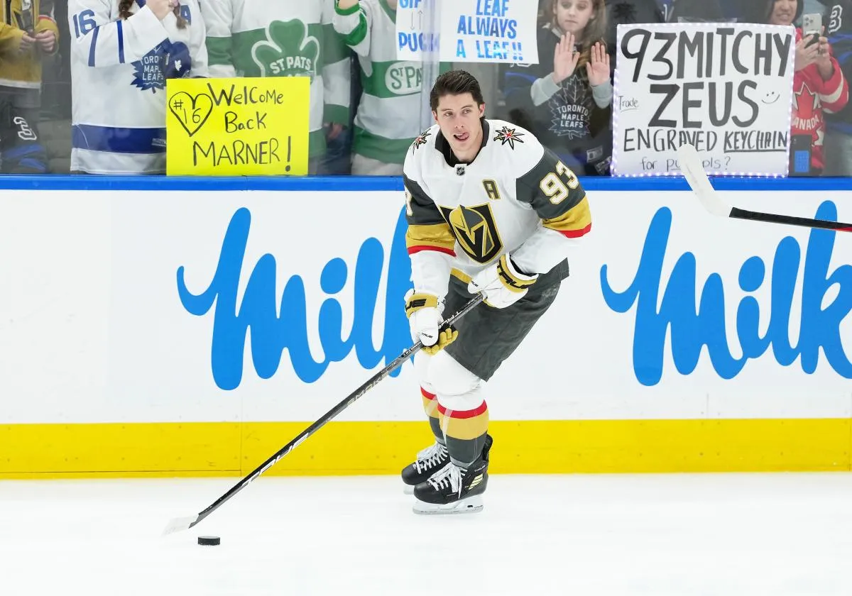 Vegas Golden Knights right wing Mitch Marner (93) skates during the warmup before a game against the Toronto Maple Leafs at Scotiabank Arena.