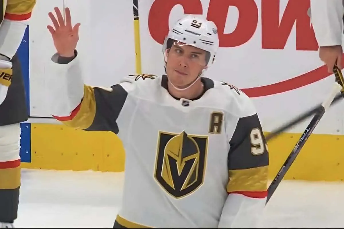Vegas Golden Knights forward Mitch Marner (93) salutes the crowd after a tribute video in his return to Toronto for the first time since being traded.