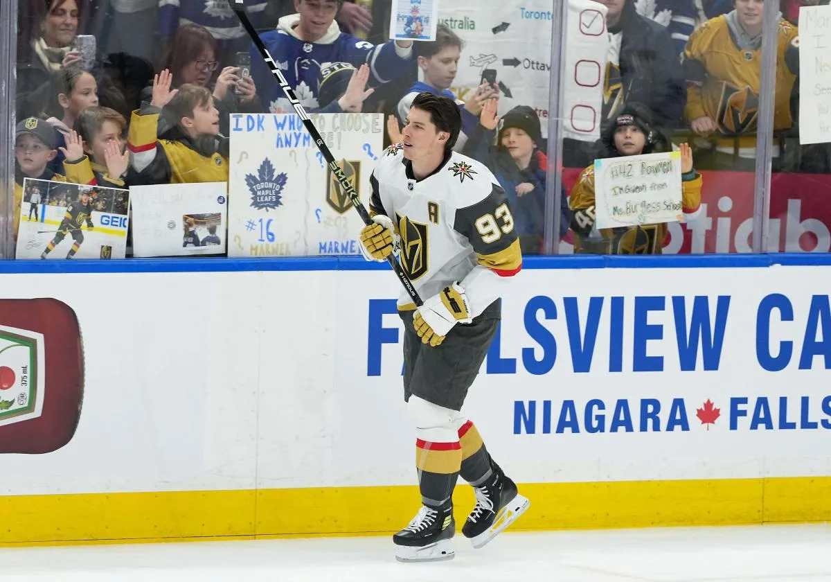 Vegas Golden Knights right wing Mitch Marner (93) skates during the warmup before a game against the Toronto Maple Leafs at Scotiabank Arena.