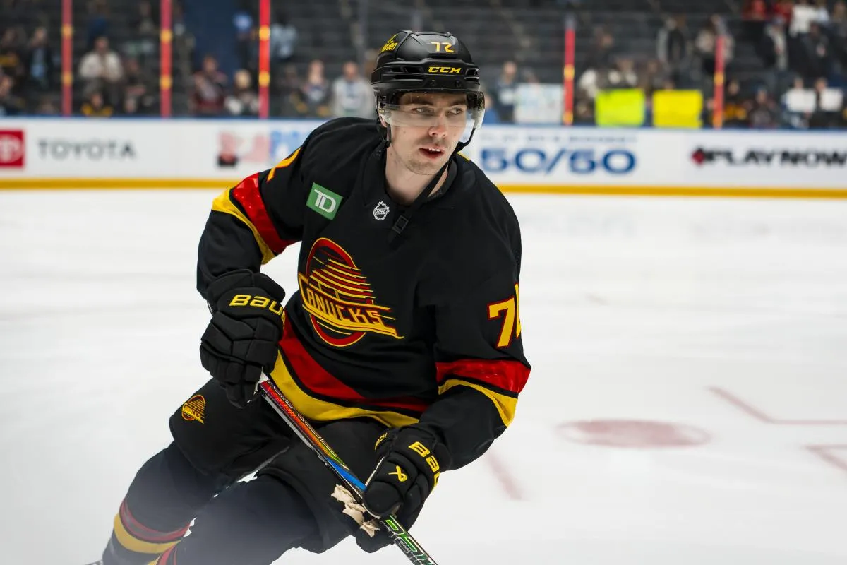 Vancouver Canucks forward Filip Chytil (72) returns to the line up during warm up prior to a game against the New Jersey Devils at Rogers Arena.