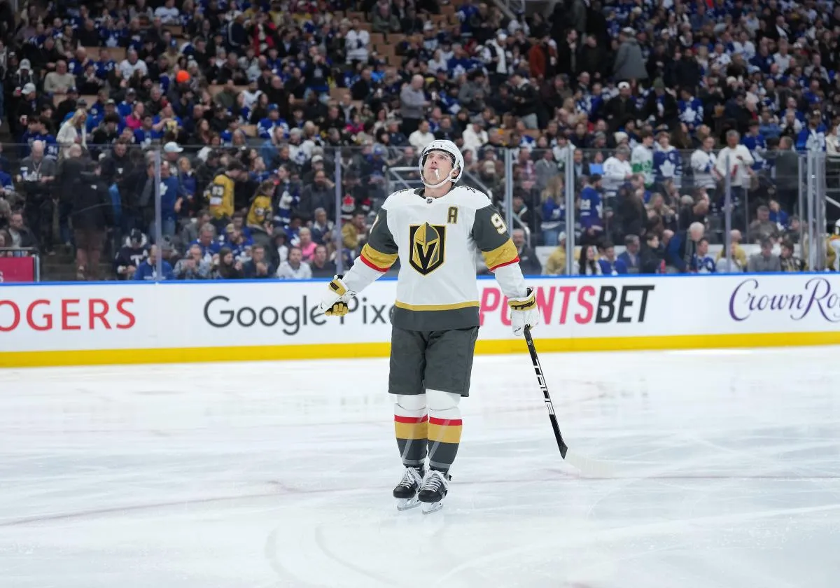 Vegas Golden Knights right wing Mitch Marner (93) skates before the start of first period iagainst the Toronto Maple Leafs at Scotiabank Arena.