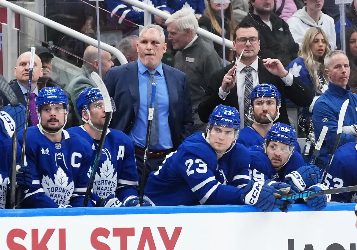 Toronto Maple Leafs head coach Craig Berube looks on during the game against the Vegas Golden Knights during the third period at Scotiabank Arena.