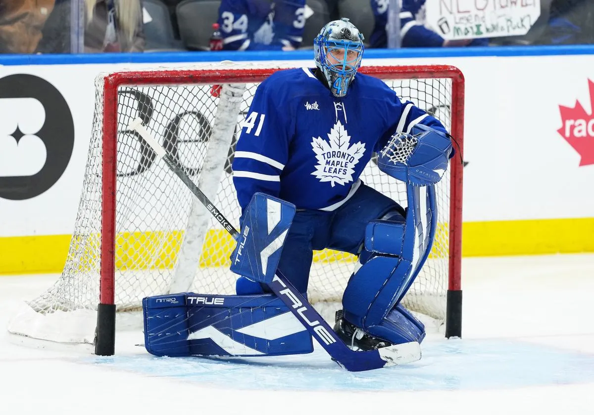 Toronto Maple Leafs goaltender Anthony Stolarz (41) takes pucks during the warmup before a game against the Vegas Golden Knights at Scotiabank Arena.