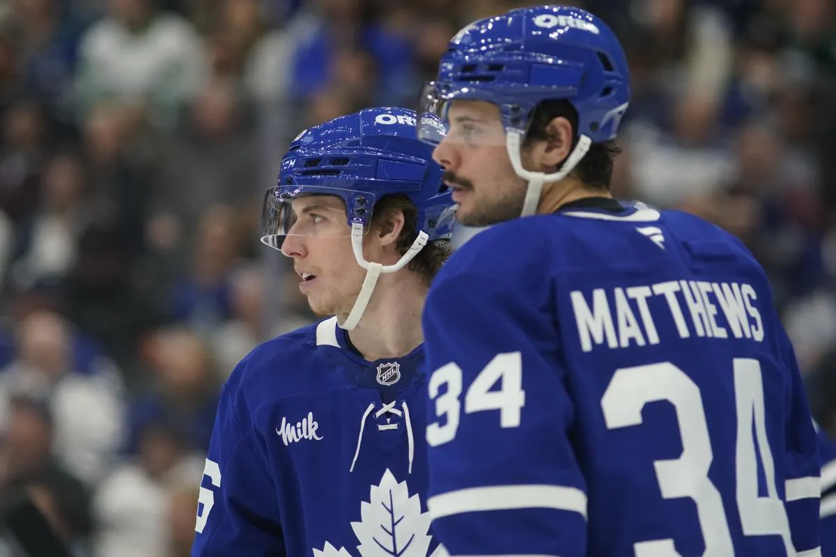 Toronto Maple Leafs forward Mitch Marner (16) and Toronto Maple Leafs forward Auston Matthews (34) during a break in the action against the Colorado Avalanche at Scotiabank Arena.