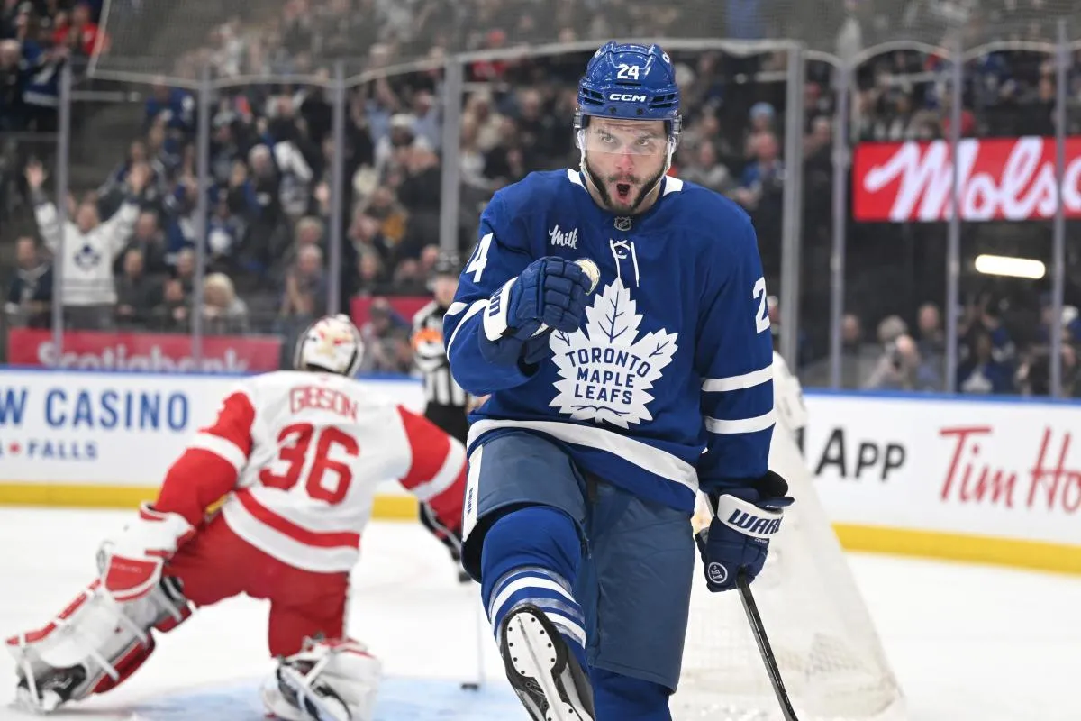 Toronto Maple Leafs forward Scott Laughton (24) celebrates after scoring a goal against Detroit Red Wings goalie John Gibson (36) in the first period at Scotiabank Arena.