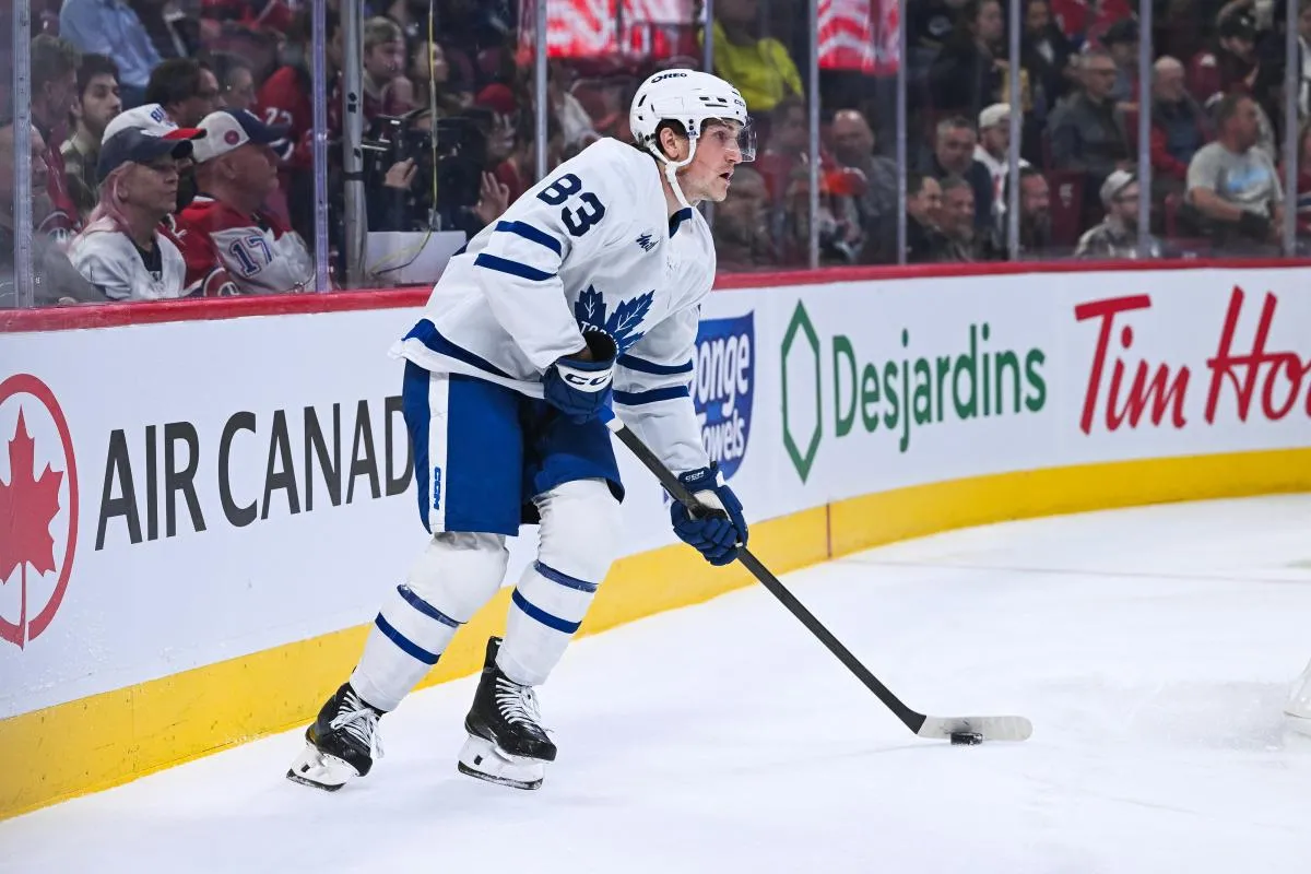 Toronto Maple Leafs defenseman Marshall Rifai (83) plays the puck against the Montreal Canadiens during the first period at Bell Centre.