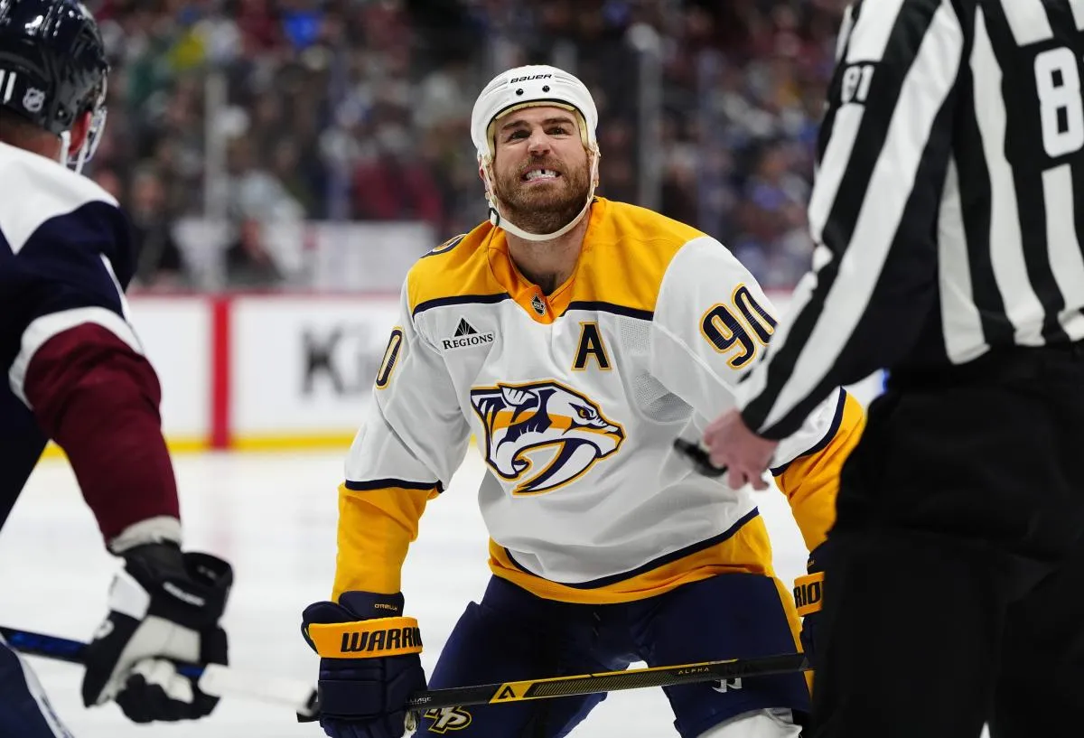 Nashville Predators center Ryan O'Reilly (90) reacts to getting kicked out of the face-off in the third period against the Nashville Predators at Ball Arena.