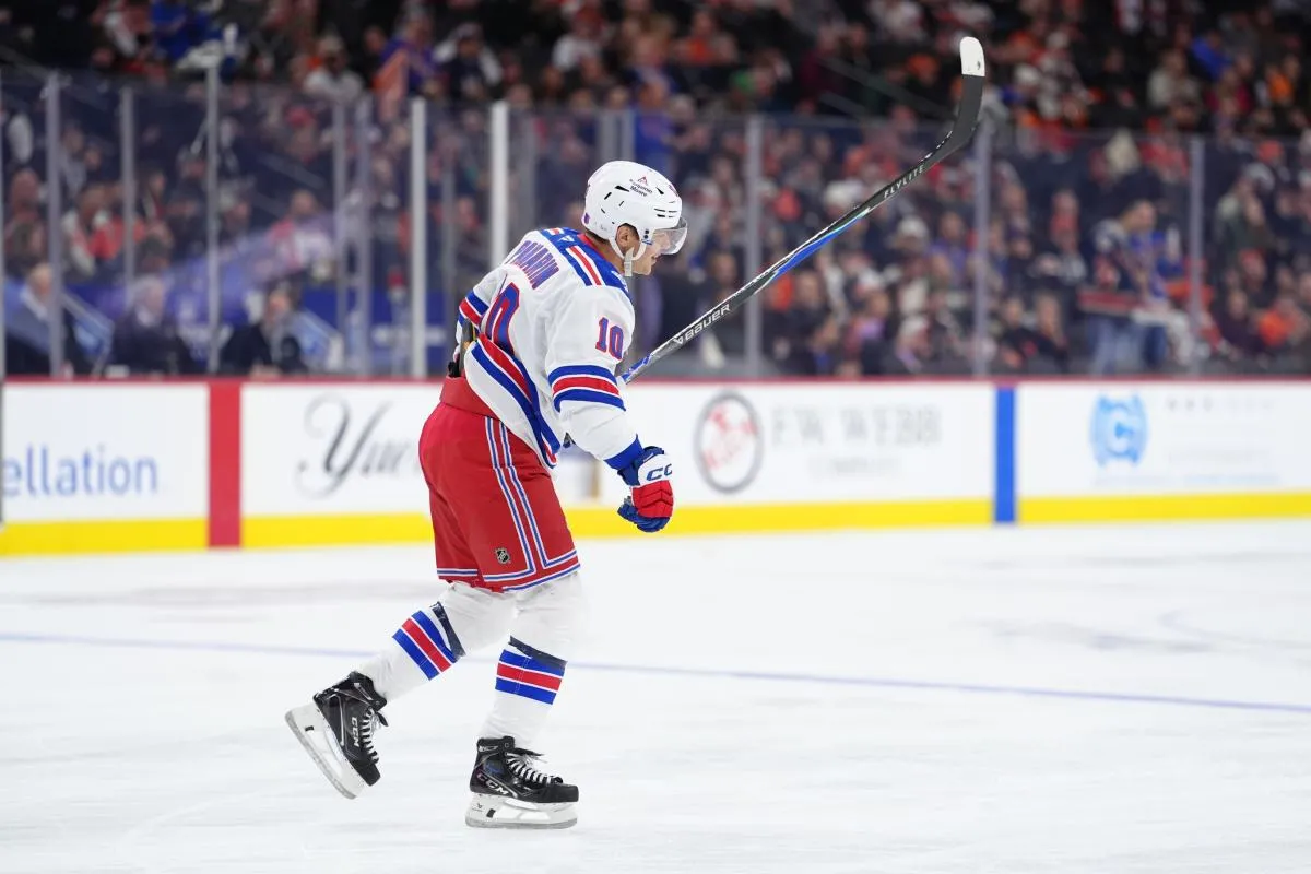 New York Rangers right wing Artemi Panarin (10) reacts after scoring a goal against the Philadelphia Flyers in the first period at Xfinity Mobile Arena.