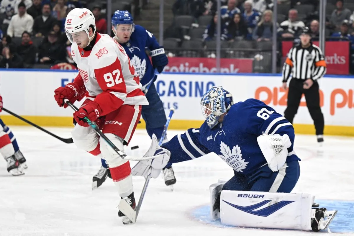 Toronto Maple Leafs goalie Joseph Woll (60) makes a save on a shot screened by Detroit Red Wings forward Marco Kasper (92) in the second period at Scotiabank Arena