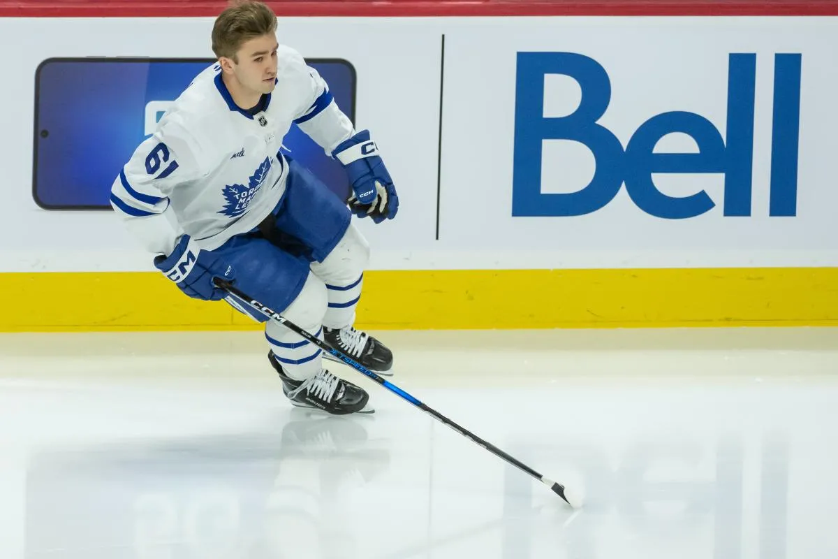 Toronto Maple Leafs center Jacob Quillan (61) skates on his own during warmup prior to his first NHL game to be played against Ottawa Senators at the Canadian Tire Centre.