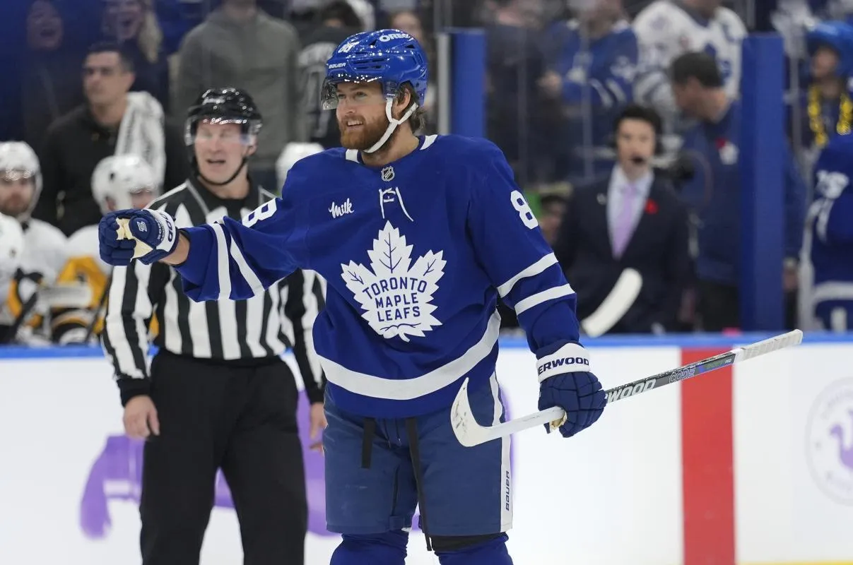 Toronto Maple Leafs forward William Nylander (88) reacts after scoring his second goal of the third period against the Pittsburgh Penguins at Scotiabank Arena.