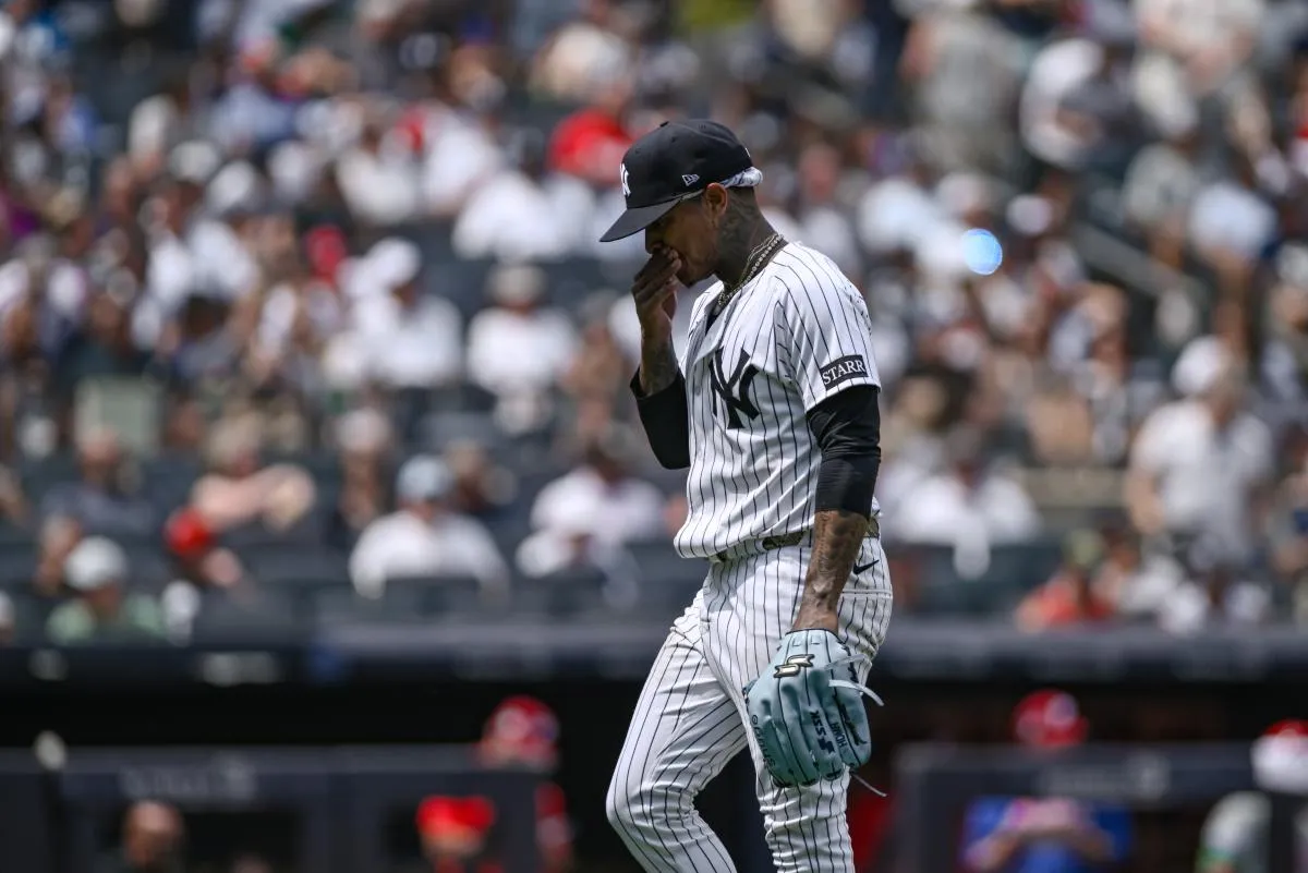 New York Yankees pitcher Marcus Stroman (0) reacts after exiting the game against the Philadelphia Phillies during the fourth inning at Yankee Stadium.