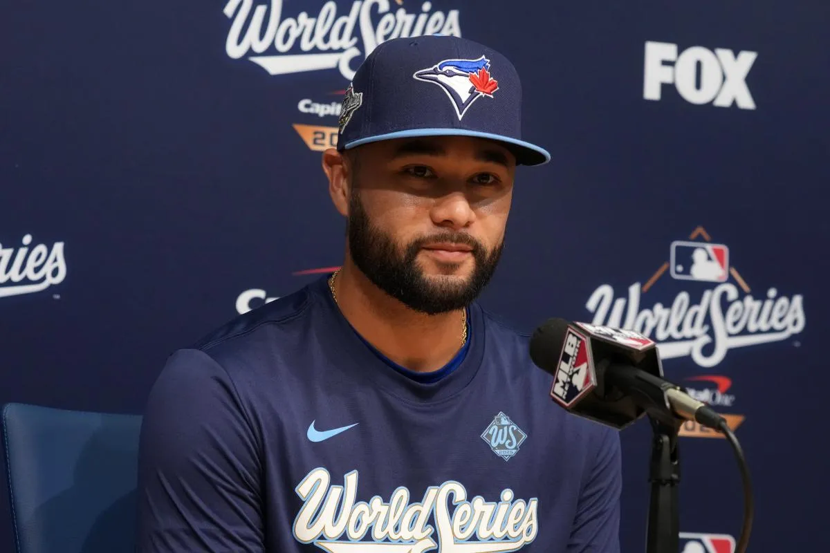 Toronto Blue Jays shortstop Isiah Kiner-Falefa (7) speaks in a press conference before game four of the 2025 MLB World Series against the Los Angeles Dodgers at Dodger Stadium.